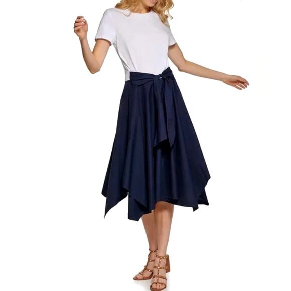 Dkny Dresses & Skirts - DKNY Mixed-Media Handkerchief Tie Waist Asymmetrical Dress | M, White & Navy
